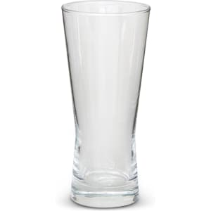 A clear beer glass with a tapered shape and a thick base, featuring a logo.