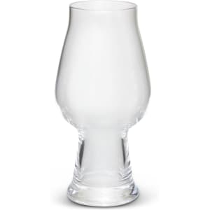A clear glass beer glass with a unique shape, featuring a wide base and flared top, perfect for beer.