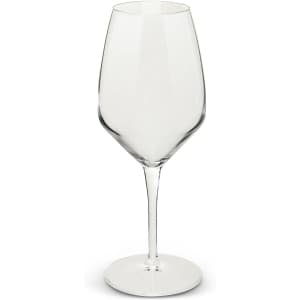 A clear, elegant 440ml wine glass with a slender stem and a wide bowl, featuring a simple logo on the base.