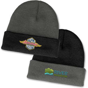 A two-toned beanie in dark grey and black, featuring a logo on each side.