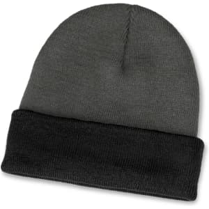 A two-toned beanie featuring a grey body and a black cuff. It has a logo on the side.