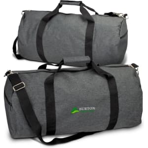 A grey duffle bag with black straps, featuring a logo. Two bags are displayed, one on top of the other.