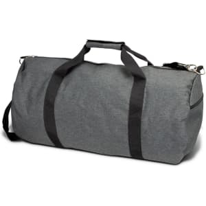 A grey duffle bag with black straps and a padded handle, featuring a side zip closure and a branding logo.
