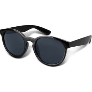Black sunglasses with dark lenses and a round frame. The sunglasses feature a branded logo on the side.
