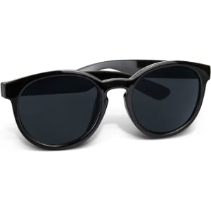 Black sunglasses with round lenses and a glossy finish, featuring a logo on the side.