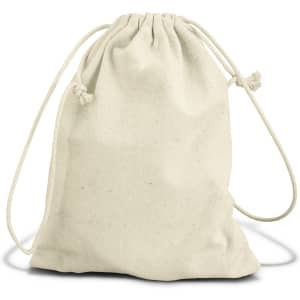 A cream drawstring bag made of canvas material, featuring a simple, unadorned design.