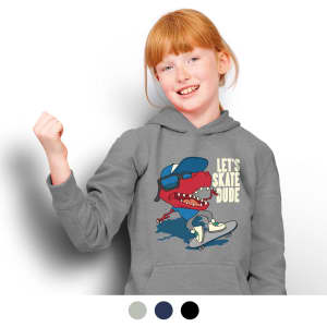 A grey hooded sweatshirt featuring a cartoon dinosaur skateboarding with a cap and a logo.