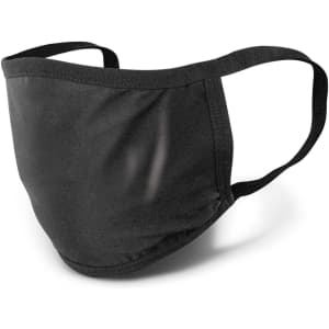A black reusable 3-ply cotton face mask featuring ear loops and a subtle logo.