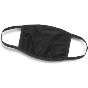 A black reusable 3-ply cotton face mask with elastic ear straps and a logo.