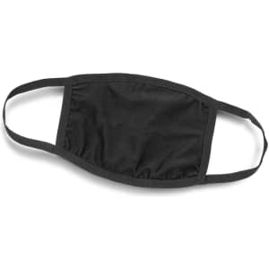 A reusable black 3-ply cotton face mask featuring ear straps and a logo.