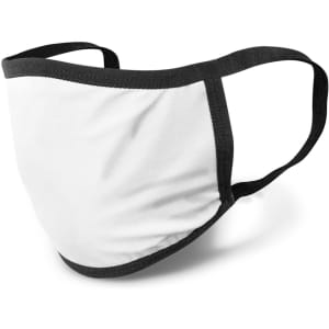 A reusable face mask in white with black trim and elastic ear straps, featuring a logo.