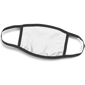 A full-colour, 3-ply reusable face mask featuring a white fabric front and black elastic ear loops.
