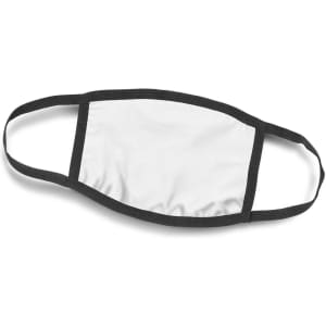 A 3-ply reusable face mask in white with black ear straps, featuring a logo.