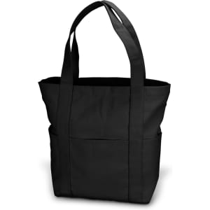 A black canvas tote bag with two long handles and a front pocket. It features a branding logo on the side.