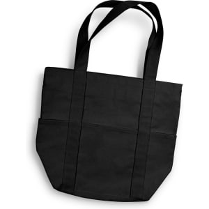 A black canvas tote bag with two side pockets and double handles. It features a logo.