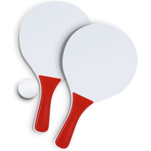 Two paddle ball rackets with white surfaces and red handles, accompanied by a small white ball.