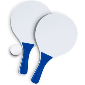 Two blue and white paddle balls and a small white ball. The paddles have blue handles and a flat surface.