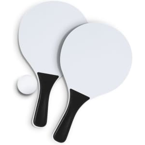 A pair of white paddle ball rackets with black handles and a small white ball. The paddles are flat and round.