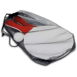A mesh bag containing two paddle rackets with red handles and a white ball.