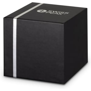 A black gift box featuring a logo, intended for the Swiss Peak Bass Speaker product.