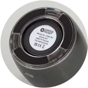 A black bass speaker featuring a round base with a logo and model information on the underside.