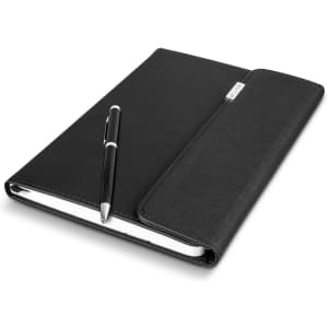 A black A5 notebook with a pen set, featuring a textured cover and a pen resting on the notebook.