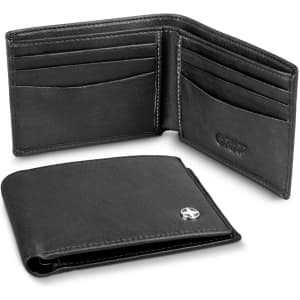 A black Swiss Peak anti-skimming wallet with multiple card slots and an interior compartment. Features a logo.