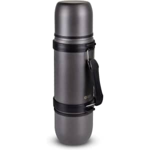 A drink bottle with a grey stainless steel body and a black strap, featuring a branding logo.