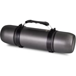 A drink bottle in sleek grey with a sturdy handle and securing straps, featuring a logo.