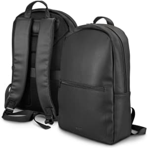 A black Swiss Peak Deluxe Backpack featuring padded straps and a sleek design, with one side showing a zippered pocket.