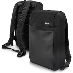 A sleek black anti-theft backpack with adjustable straps and a front pocket, featuring a logo.