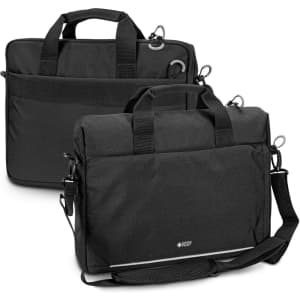 A black RFID laptop bag featuring dual handles and an adjustable shoulder strap, with a logo on the front.