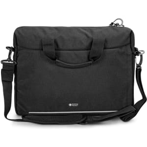 A black laptop bag with a handle, adjustable strap, and a logo. Features a minimalist design and a sleek look.