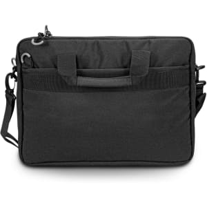 A dark grey laptop bag with handles and a shoulder strap, featuring a logo on the front.