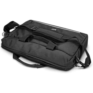 A black laptop bag featuring dual handles, a shoulder strap, and a branding logo.