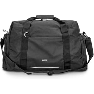 A black Swiss Peak RFID sports duffle bag with adjustable straps and a front pocket. It has a logo.