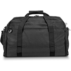 A black duffle bag with dual handles, zippered compartments, and a logo. The fabric is sturdy and durable.