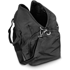 A black duffle bag with a large opening, featuring a detachable shoulder strap and a silver zipper.