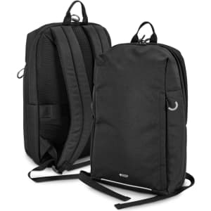 A black Swiss Peak RFID backpack featuring padded straps and a sleek design, with a logo on the front.