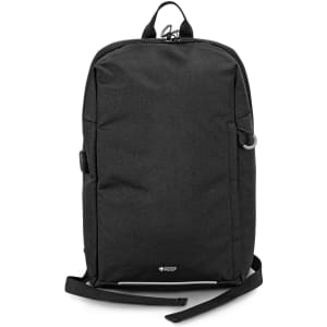 A black Swiss Peak RFID backpack with a sleek design and adjustable straps. It features branding on the front.