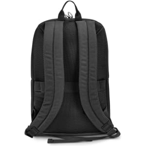 A black Swiss Peak RFID backpack with padded, mesh shoulder straps and a top carry handle.
