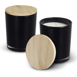 A black glass candle with a wooden lid, featuring a white wax interior. Includes multiple views of the candle.