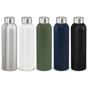 A drink bottle collection featuring five aluminium bottles in silver, white, green, navy, and black with silver caps.