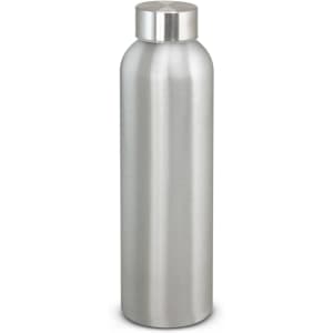A drink bottle in a sleek, silver aluminium design with a rounded body and a secure screw-top lid.