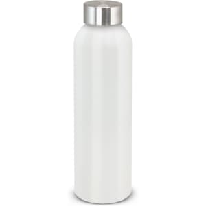 A drink bottle in a sleek white finish with a silver metal cap and a prominent logo.