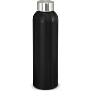 A drink bottle in black aluminium with a silver stainless steel lid, featuring a minimalist design.