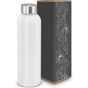 A drink bottle in white aluminium with a silver lid, presented alongside a decorative box featuring a design.