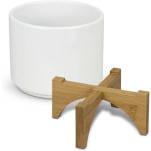 A white planter with a bamboo base sits beside it, featuring a simple, modern design.