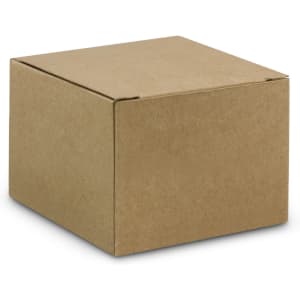 A brown cardboard box with a square shape, featuring a simple, unadorned design.