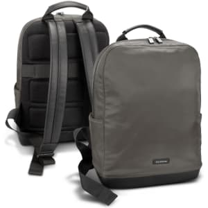 A dark green backpack with padded straps and a sleek design, featuring a logo on the front.